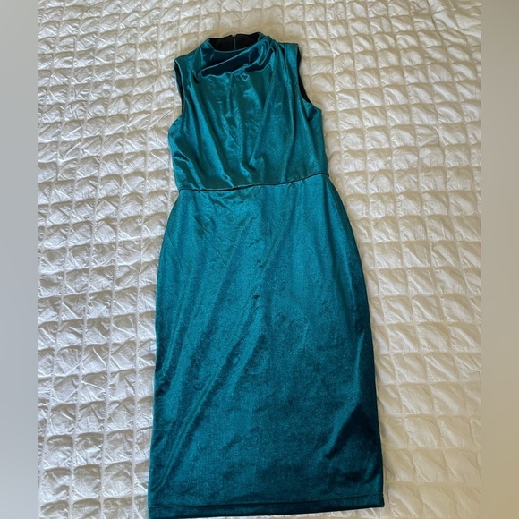 Black Halo Teal Velour Ruched Cowl Neck Sheath MIDI Dress